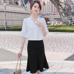 Women's Blouses Summer Fashion Women Work & Shirts White Half Sleeve Office Ladies 2 Piece Skirt And Top Sets