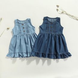 Girl Dresses Kids Dress Girls Solid Colour Ruffled Round Neck Sleeveless Gown For Summer Dark Blue/Light Blue 1-6 Years