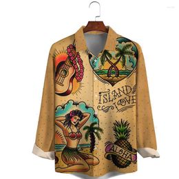 Men's Casual Shirts Men's Hawaiian Coconut Tree And Hula Beauty Print Breathable Long Sleeve Shirt