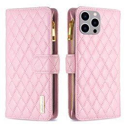 Wallet Phone Cases for iPhone 14 13 12 11 Pro Max XR XS X 7 8 Plus Rhombic Style Design Lambskin Leather Feeling Flip Kickstand Cover Case with Zipper Coin Purse