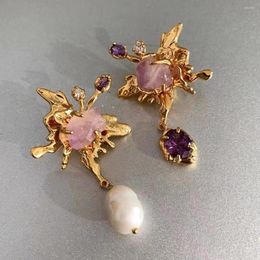 Dangle Earrings Gold Butterfly Pendant Summer Romance Fairy Asymmetric Purple Zircon Freshwater Pearl Crystal Sweet Fashion Jewelry
