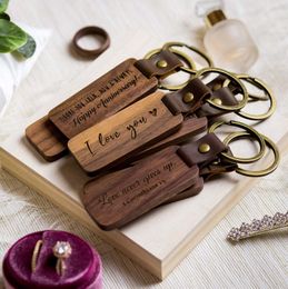 Personalised Leather Keychain Pendant Beech Wood Carving Keychains Luggage Decoration Key Ring DIY Thanksgiving Father's Day Gift BBC29