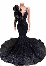 2023 Sexy Elegant Evening Dresses Wear Mermaid Long Sleeve Black Sequined Lace applique Jewel Neck Ruffles African Girl Gala Prom Party gowns Sequins One Shoulder