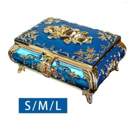 Jewellery Pouches Rectangular Rose Engraved Trinket Box Blue Zinc Alloy Material Exquisite Decorative For Women Girls Handcraft