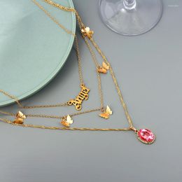 Chains JJFOUCS Women's Angel Butterfly Choker Necklaces Gold Colour Shine Pink Big Oval Crystal Multilayer Necklace Set Geometry Jewellery