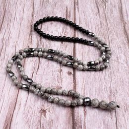 Pendant Necklaces 6MM Grey Map Stone With Black Hematite Bead Necklace For Men