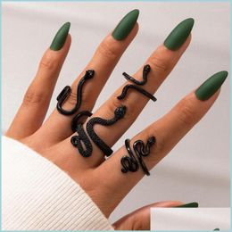 Cluster Rings Cluster Rings 10Pcs/Set Punk Finger Snake Smooth Gold/Black Geometric Metal For Women Girls Party Jewellery Bijoux Femme Dhgk4