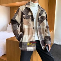 LuxuryMen's Wool & Blends Winter Woolen Coat Men Fashion Casual Tartan Jacket Streetwear Wild Loose Large Size Man Jackets Overcoat