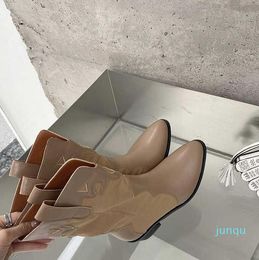 Boots 2022 fashion pointed Korean style stitched short boots simple and versatile sleeve thick heel tube