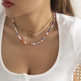 Choker Boho Colourful Handmade Crystal Beaded Short Collar Clavicle Chain Imitation Pearl Necklace For Men Women Girls Korean Jewellery