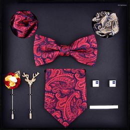 Bow Ties Fashion 8CM Man Tie Neckties Hanky Cuff-link Clip Brooch Ten Suits Black Red Gravata Upscale Festival Wedding Gift