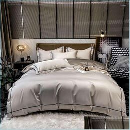 Bedding Sets Bedding Sets Embroidery Set Egyptian Cotton 600Tc Silky Quilt Er Soft Duvet Luxury Flat/Fitted Bed Sheet Pillowcases Dr Dhbcp