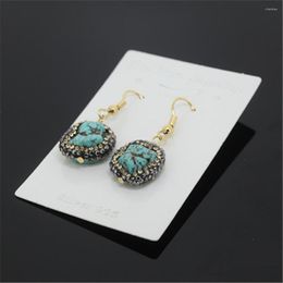 Dangle Earrings Charms 16-18mm Natural Rough Raw Green Turquoises Stone Beads Paved Black Golden Rhinestones For Women