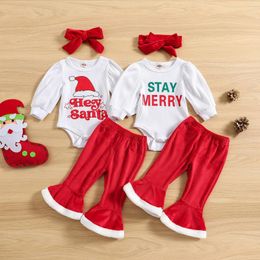 Clothing Sets Born Infant Baby Girls Christmas Long Sleeve Letter Ribbed Romper Tops Flared Pants Two Piece Outfits For Teen