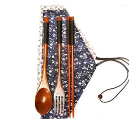 Dinnerware Sets Japanese-style Tangled Wooden Spoon Set Cloth Bag Chopsticks Fork Travel Portable Tableware Three-piece Bento