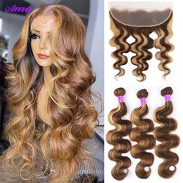 Piezas para el cabello P4 27 Paquetes destacados con frontal 13x4 pulgadas Honey Blonde Body Wave Bundles con frontal Paquetes humanos de color con frontal 221031