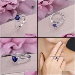 Cluster Rings Cluster Rings Bridal Wedding For Women S925 Sterling Sier Blue Heart Cubic Zirconia Ring Luxury Elegant Engagement Fin Dht1C