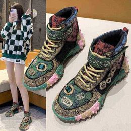 HBP Designer Boots New Women's Shoes Hip Hop Full Diamond Colour Matching Dad High Top Fashion All Match Letters Casual Girls 220815