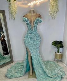 Sparkly Lake Blue O Neck Long Prom Dresses Black Girls Sequined Evening Gowns Ruffles Formal Dress Beaded High Slit Robe De