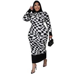 Women Casual Plus Size Dresses Plaid Print Long Sleeve Crew Neck Empire Dress Swing Sundress