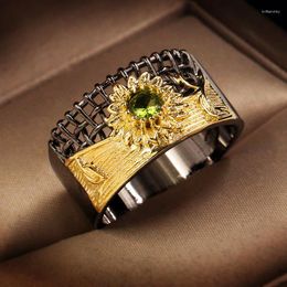 Cluster Rings Vintage Jewellery Hollow Sunflower Two Tone For Women Green Zircon Sterling Silver Colour Wedding Christmas Gifts