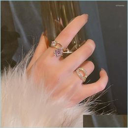Cluster Rings Cluster Rings Korea Design Fashion Jewellery 14K Real Gold Plating Zircon Geometry Ring Luxury Dark Blue Womens Open Adj Dhstq