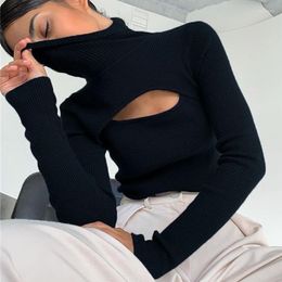 Women's Sweaters Sexy Hollow Women Out Open Chest Casual Sweater Long Sleeve Knitted Turtleneck Tops Solid Colour Autumn And Winter Pullover