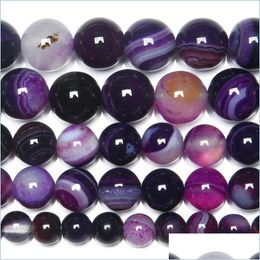 Stone 8Mm Smooth Natural Stone Purple Stripe Agates Round Loose Beads 4 6 8 10 12Mm Pick Size Bracelet Drop Delivery 2022 Jewelry Dhrfb