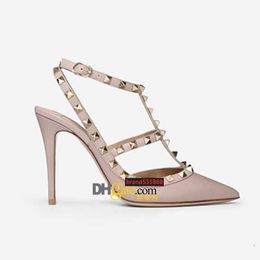 LuxuryDesigner Pointed Toe 2-Strap with Studs dress shoes matte Leather rivets Sandals Women Studded Strappy High heels valentine pumps