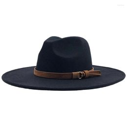Berets 9.5 CM Big Wool Fedora Hats For Women Gentleman Elegant Lady Winter With Belt Wide Brim Jazz Hat Men Panama Cap