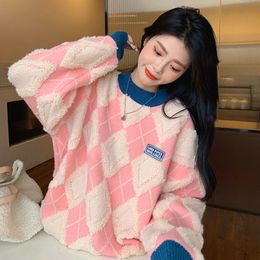 Argyle Women Sweater Winter Pullover Knitted Jumper Loose Korean Fashion Patchwork Thick Warm Winter Ladies Coats New