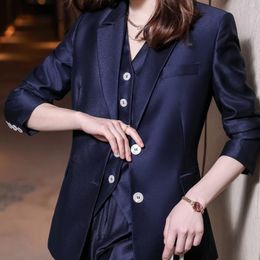 Women's Two Piece Pants 2022 WSMDA Casual Ladies Suit Girly Style Custom High-end Clothes Three-piece Navy Blue Loose Lapel Collar