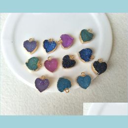 Pendant Necklaces 5Pcs 12Mm Heart Gold Plated Natural Quartz Druzy Pendant Bead Agate Geode Drusy Charm Jewellery Necklace Bracelet Ma Dhvq7