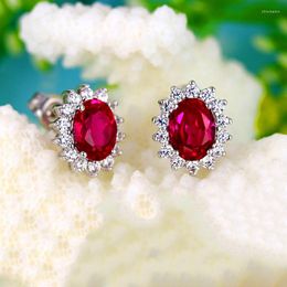 Stud Earrings Vintage Ruby Red Aquamarine Luxury Female Blue Sapphire Oval Sterling Silver Wedding For Women