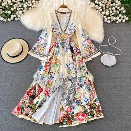 Casual Dresses Bohemian Seaside Vacation Ethnic Print V-neck Bell-sleeve Dress Elegant Temperament Long