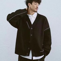 Men's Sweaters Vintage Black White Cardigan Street Knitted Coat 2022 Spring V-neck Basic Top Man Loose Buttons Couples