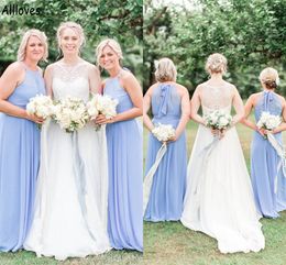 Light Blue Flow Chiffon A Line Bridesmaid Dresses Long Floor Length Halter Plus Size Maid Of Honour Gowns Young Girl Boho Wedding Guest Party Dress Formal Wear CL1336