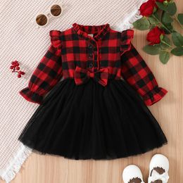 Girl's Dresses Citgeett Autumn Christmas Toddler Kids Girls Plaid Long Sleeve Buttons Bowknot Tulle Tutu Princess Xmas Clothes 221101