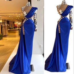 Arabic Prom Dresses Luxurious Beaded Crystals Royal Blue High Neck Illusion Evening Dress Sheath One Shoulder Split Mermaid Formal Party Gowns