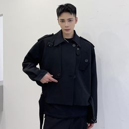 Men's Jackets Winter Spring Patch Design Bandage Black Jacket 2022 Loose Lapel Single Breasted Long Sleeve Short Coat Workwear Cloth