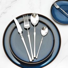 Dinnerware Sets 304 Stainless Steel Matte Round Handle Tableware Silver Cutlery Set Spoon Knives Cake Fork Home Kitchen Flatware