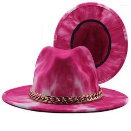 Berets Wide Brim Tie-Dyed Faux Wool Felt Fedora Hats With Golden Chain Women Men Jazz Top Cap Panama Party Formal Hat