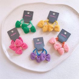 Autumn New Sweet Girl Princess Rubber Band Headwear Fashion Korean Children's Simple Cute Colorful Wool Crochet Bow Hair Rope