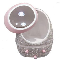 Storage Boxes Luxury Large Makeup Organiser With LED Light Mirror Bling Pink Dustproof Drawer Brush Nail Polish Cosmetic Case