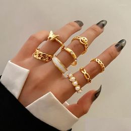 Cluster Rings Cluster Rings Fashion Punk Jewelry Set For Girl Lady 2022 Trend Metal Alloy Hollow Round Finger Pearl Ring Women Party Dhstk