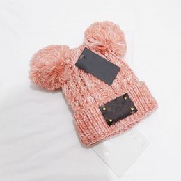 Cute Kids Two Poms Knitting Designer Baby Winter Caps 5 Colours Brand Children Knitted Hats Wholesale