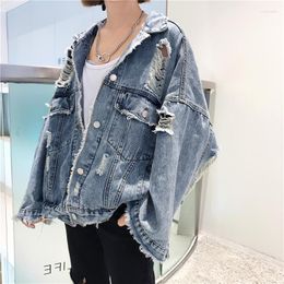 Women's Jackets Autumn Spring Korean Women Hole Denim Jacket 2022 Loose Frayed Bomber Manteau Femme Abrigo De Mujer