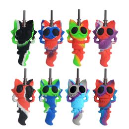 Colorful Silicone NC Smoking Pipe Cat Styles 2 in 1 Kit Two Use Hand Portable Pipes With Stainless Dabber Tips