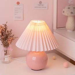 Table Lamps Pleated Lamp Chinese And Korean Style Folding Lampshade Warm Bedroom Bedside Pink Beige Multi-color Optional