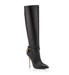 Hangslot Boot Vrouwen Lange Knie Laarzen Party Bruiloft Gouden Hardware Vergulde Naaldhak Puntschoen Dame Winter Booties